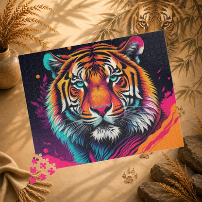 Roar to Renewal - Close-Up Neon Tiger Puzzle with Teal Eyes and Magenta Splatter Art
