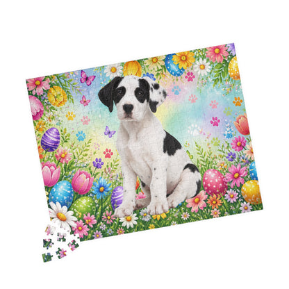 Great Dane (Piebald) Easter Puppy Puzzle - Spring Garden with Eggs, Tulips, and Daisies