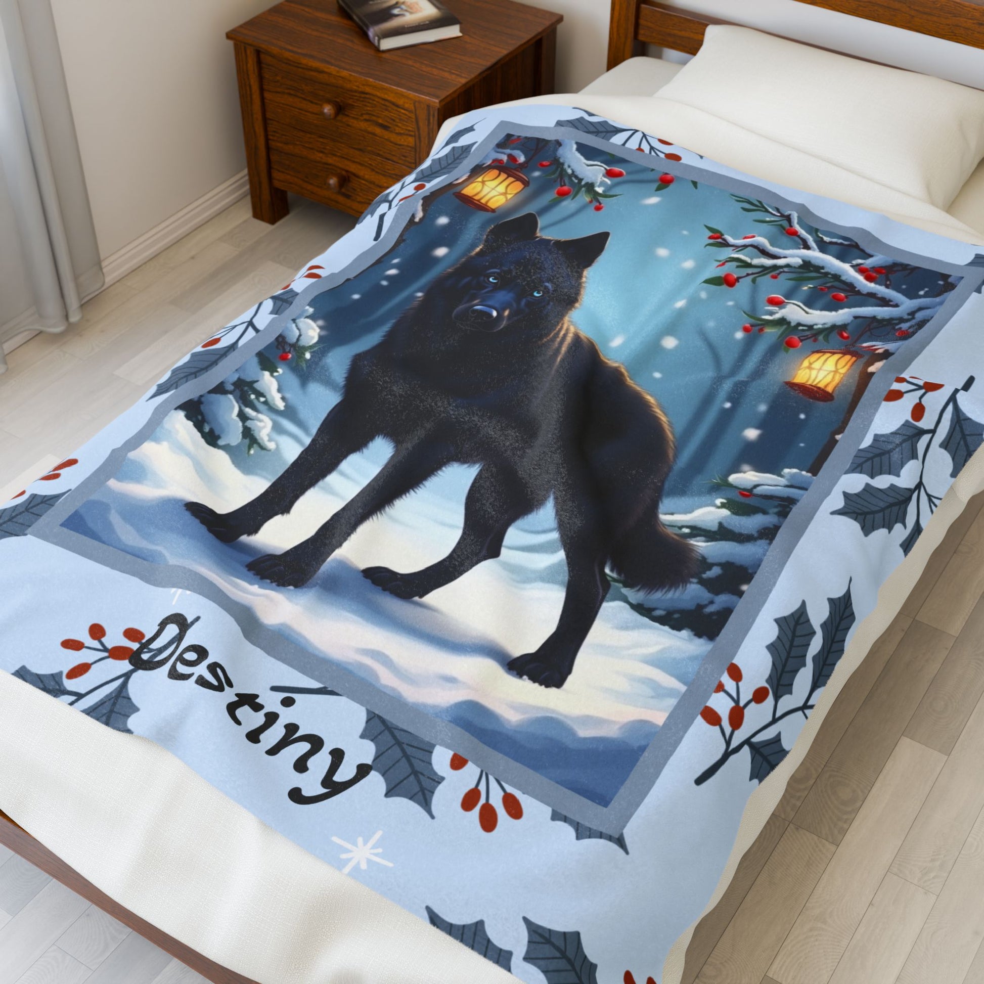 Husky Black custom winter blanket featuring a noble Husky standing in a bright illustrated winter lodge scene
