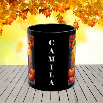 Black and Tan Rottweiler personalized mug, fall-themed coffee cup for dog lovers, cozy autumn drinkware gift
