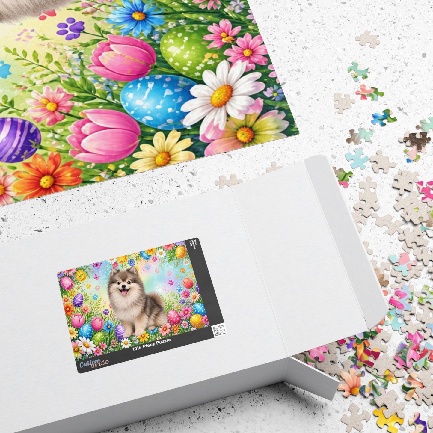 Pomeranian (Wolf Sable) Easter Puppy Puzzle - Spring Garden with Eggs, Tulips, and Butterflies