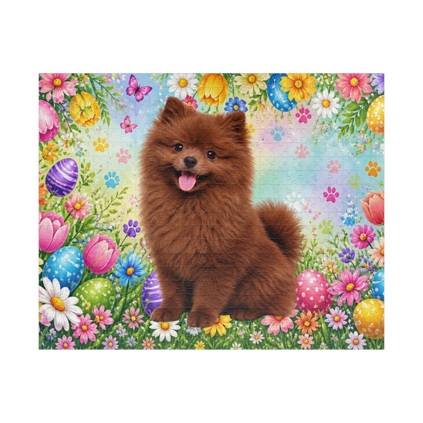 Pomeranian (Chocolate) Easter Puppy Puzzle - Spring Garden with Eggs, Tulips, and Daisies