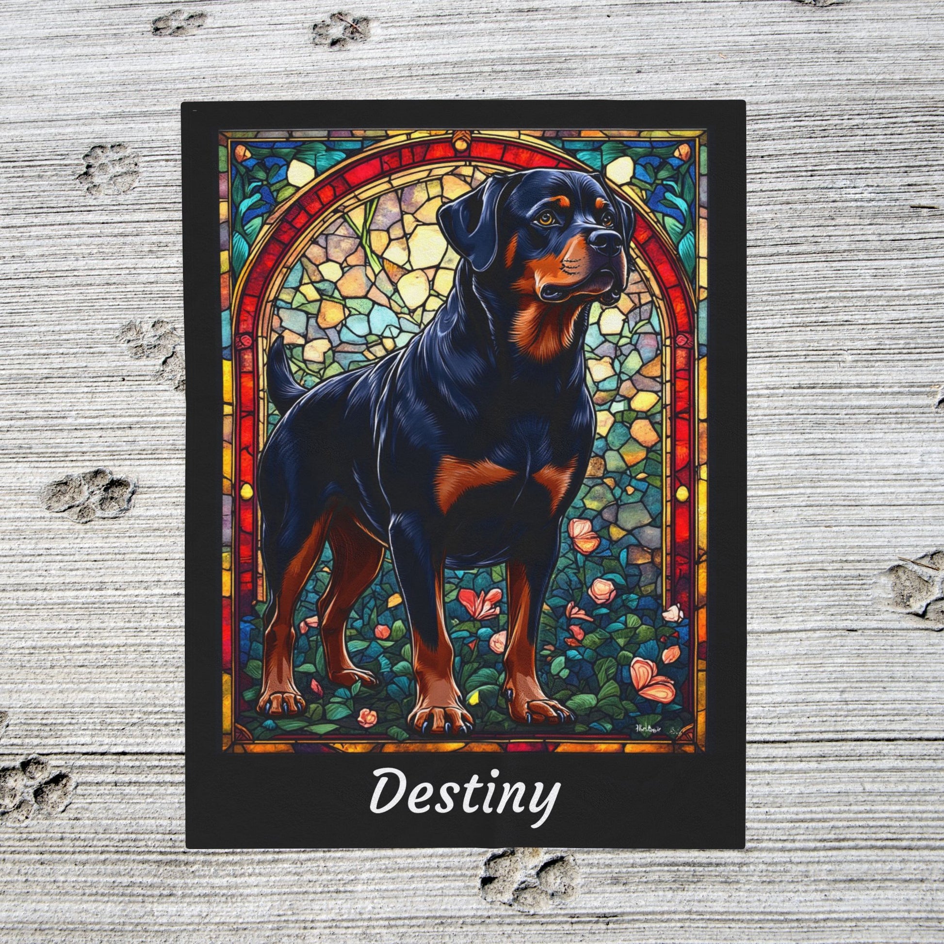 Rottweiler Black & Mahogany Coat Blanket, Velveteen Plush Stained Glass Dog Throw, Personalized Gift