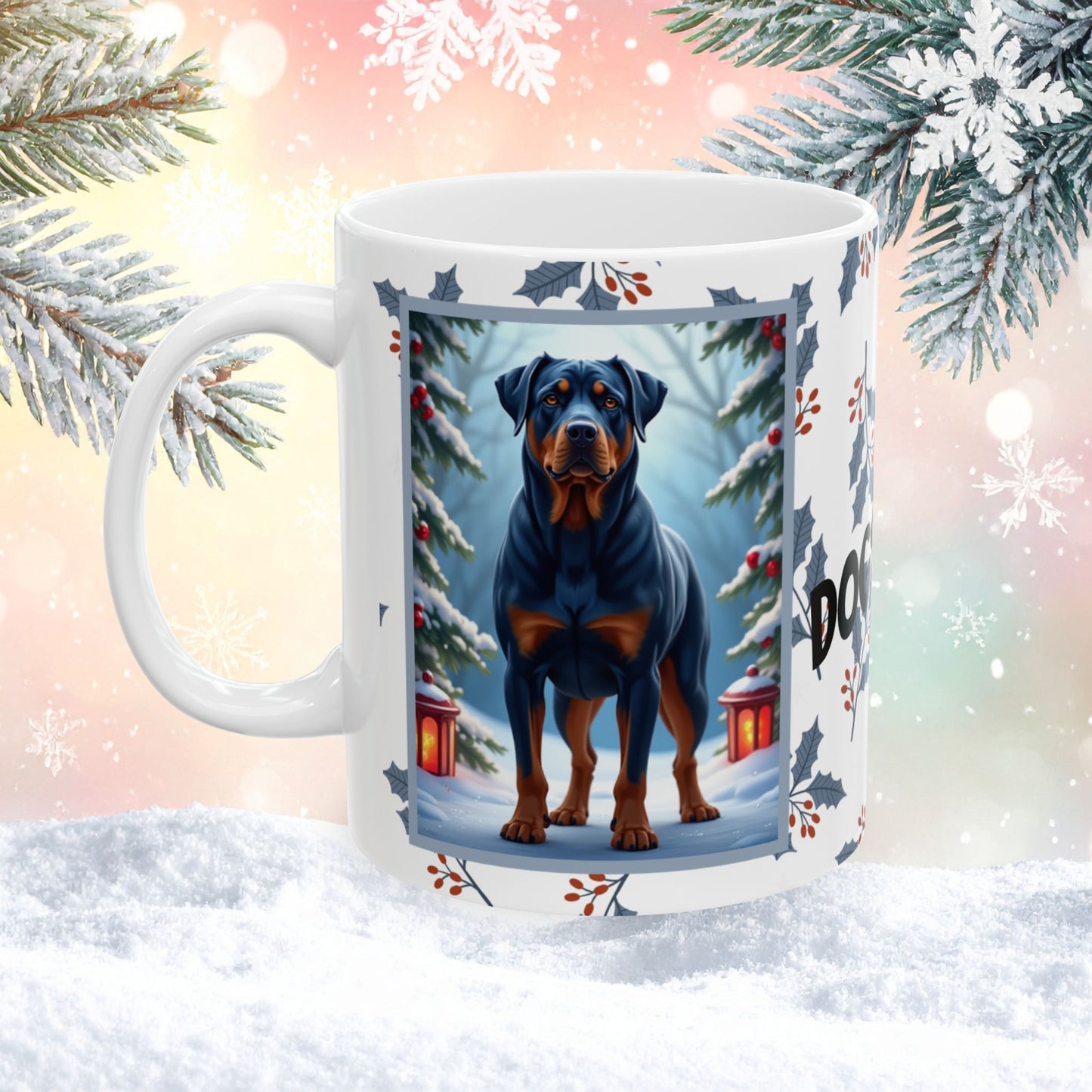 Rottweiler (Blue) Winter Mug - blue rottweiler illustrated standing confidently in a winter setting with snow