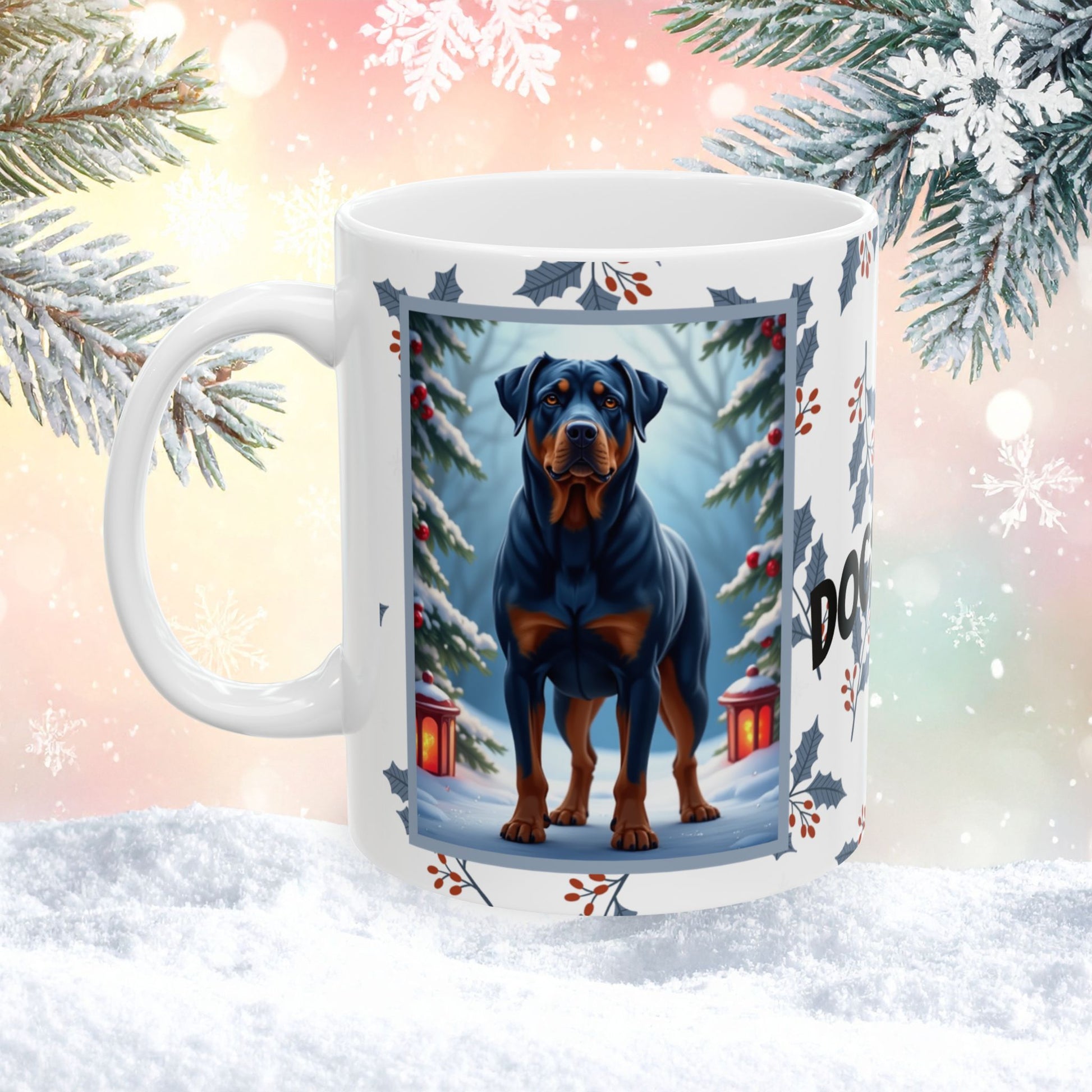Rottweiler (Blue) Winter Mug - blue rottweiler illustrated standing confidently in a winter setting with snow