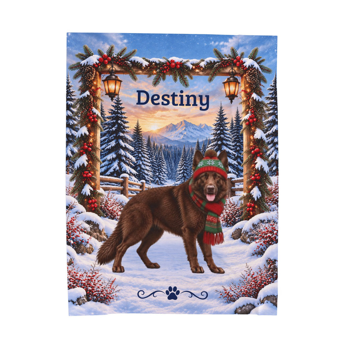 German Shepherd (Liver Coat) - Personalized Winter Woodland Throw, Custom Name Velveteen Blanket - MySisterIsAsurvor