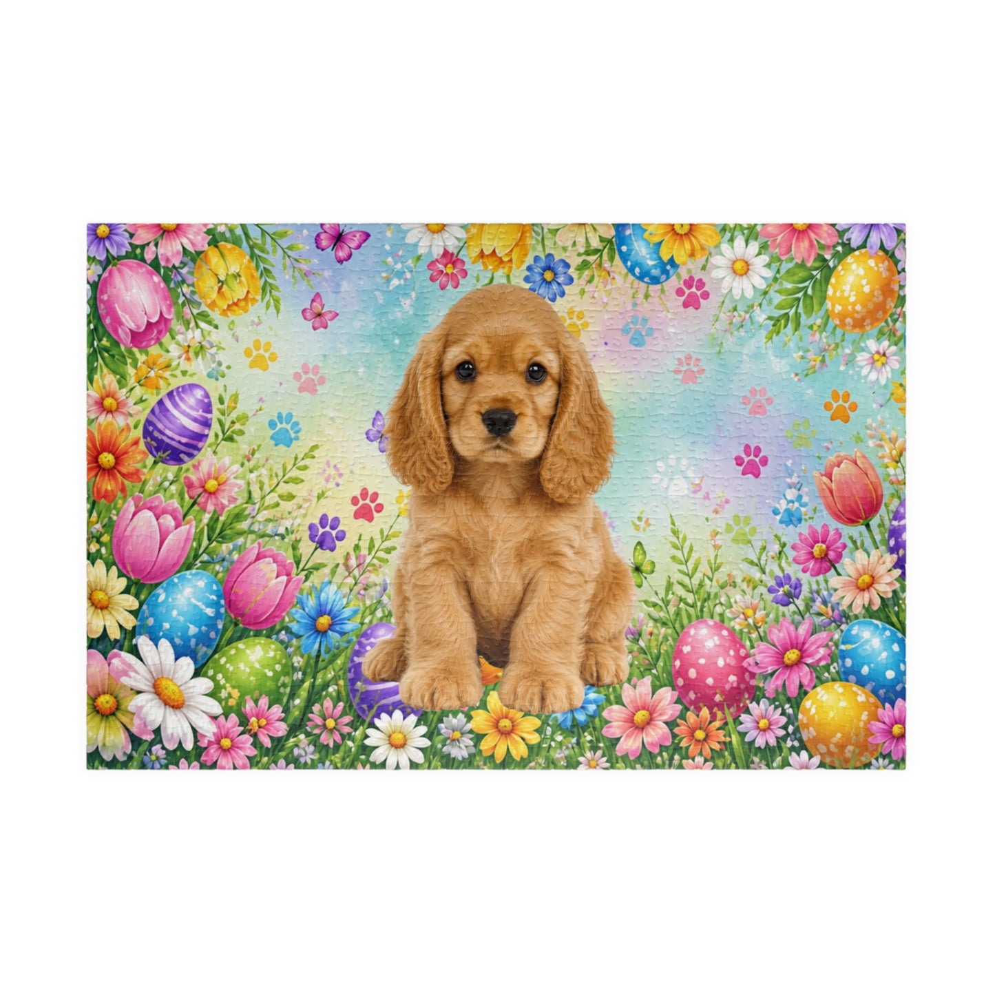 American Cocker Spaniel (Golden) Easter Puppy Puzzle - Spring Garden with Eggs, Tulips, and Daisies