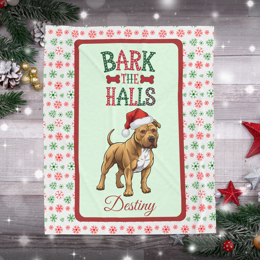 Pitbull (Buckskin) plush velveteen blanket personalized cozy Bark The Halls holiday throw gift for dog lovers