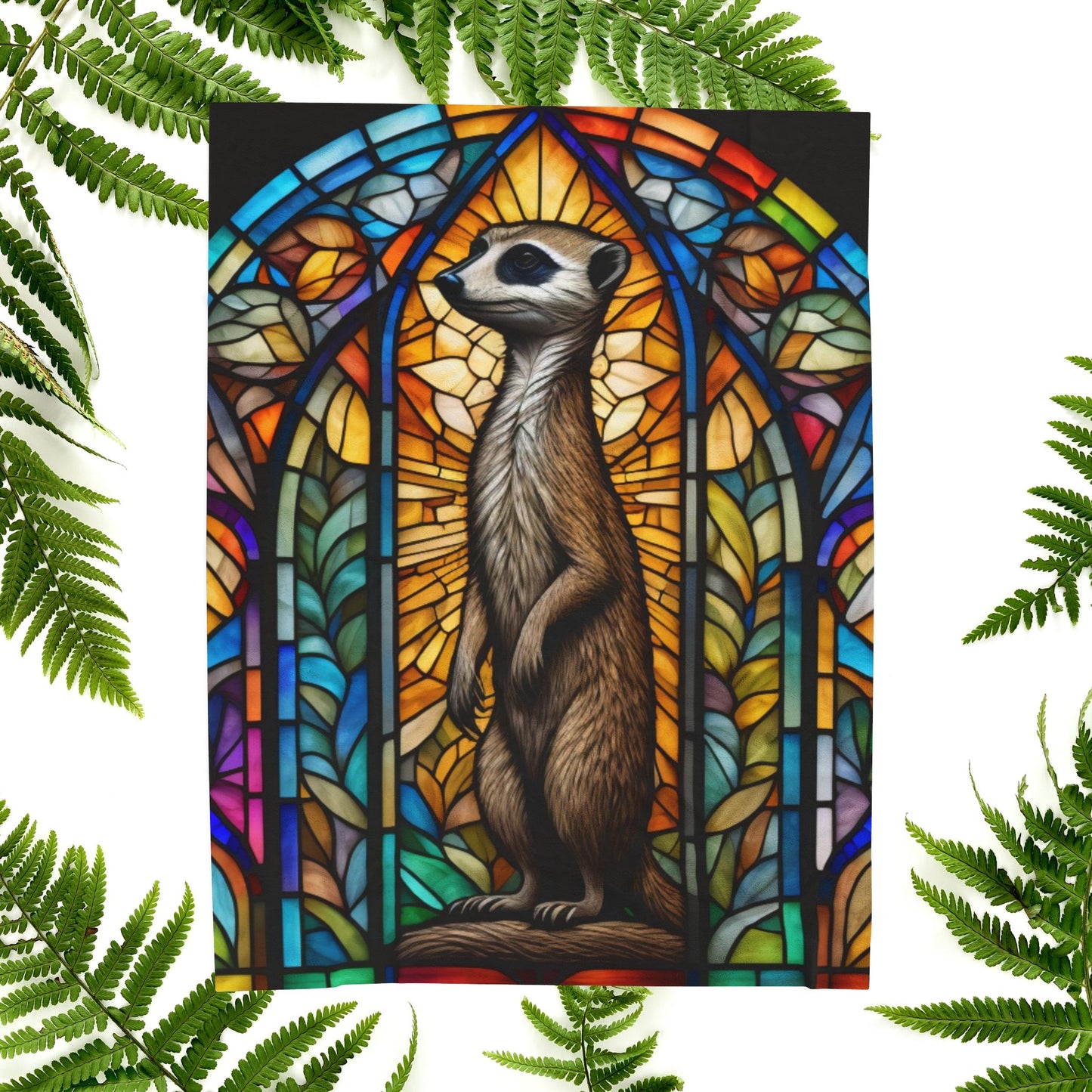 A playful meerkat blanket featuring stained glass-inspired art and cozy plush warmth.