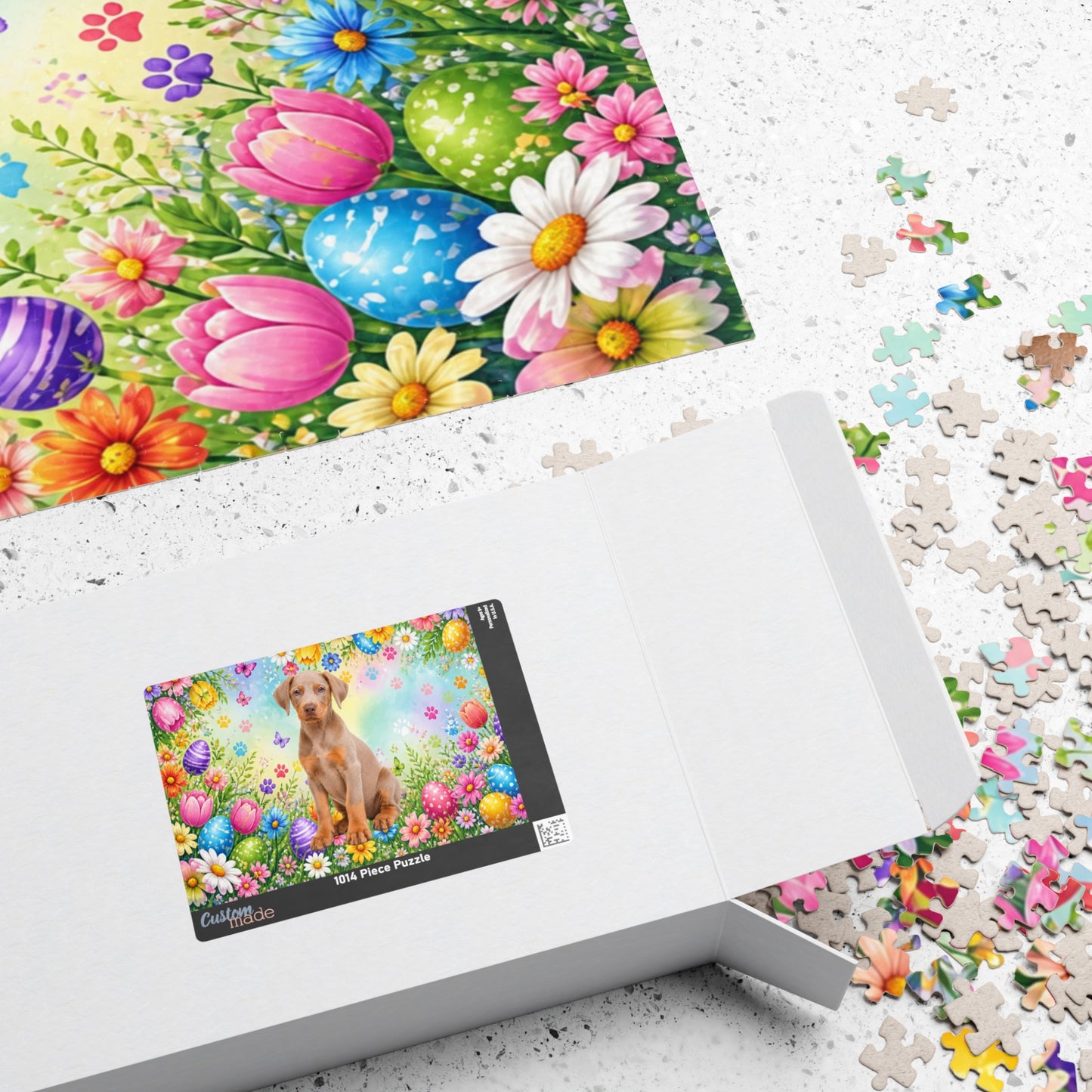 Doberman (Fawn/Isabella & Rust) Easter Puppy Puzzle - Spring Garden with Eggs, Tulips, and Daisies