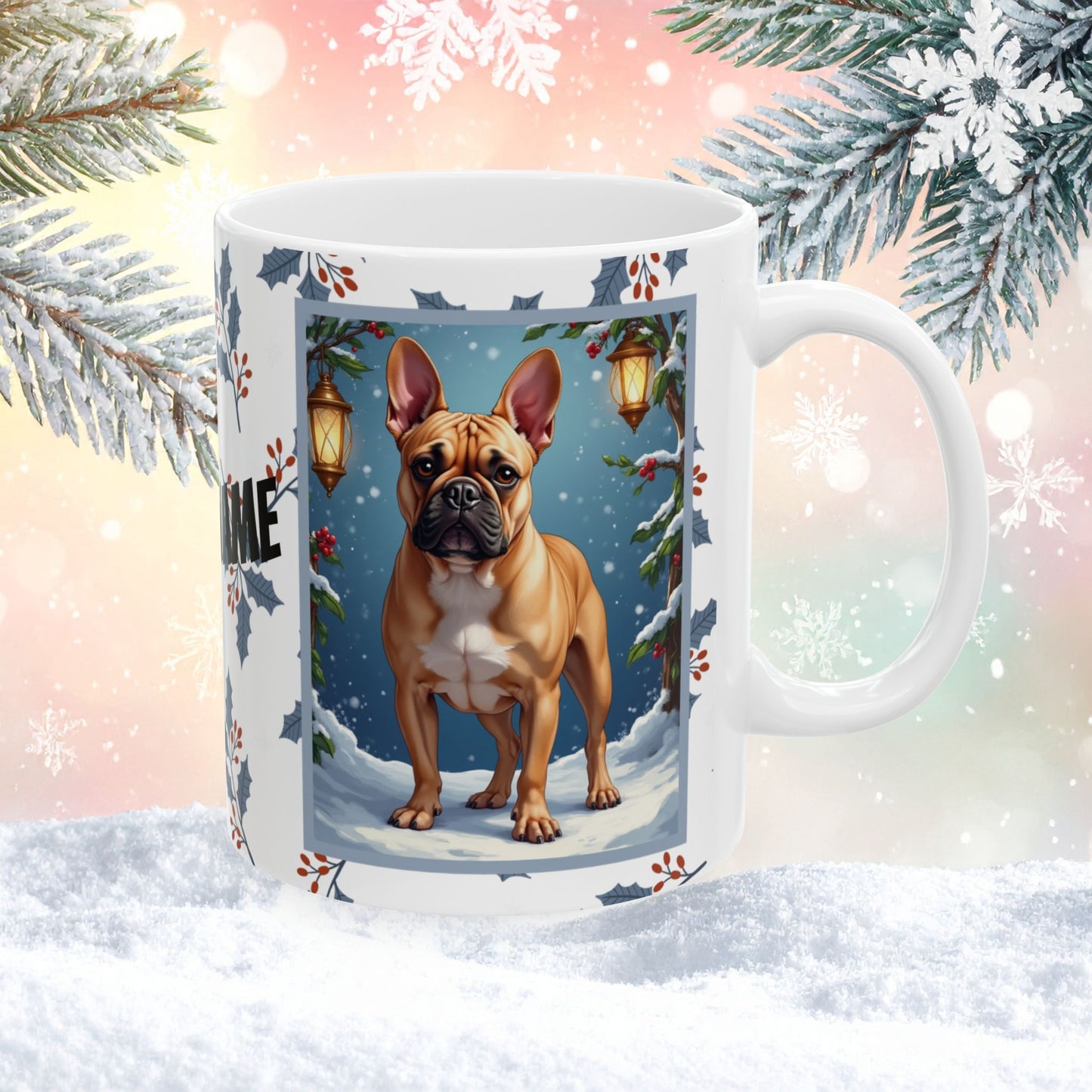 French Bulldog (Fawn) Winter Mug - fawn French Bulldog illustrated standing in a festive winter scene with pine branches