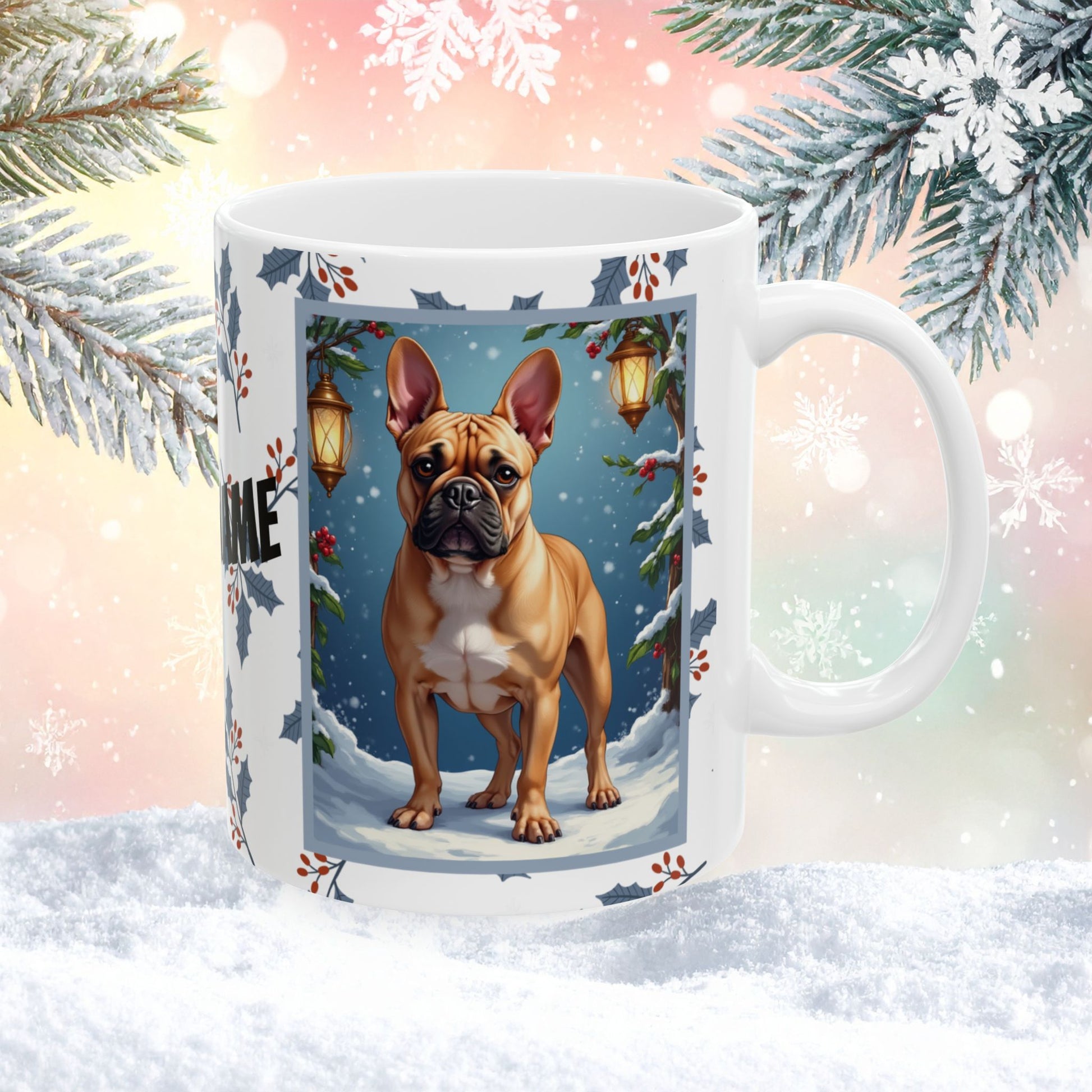 French Bulldog (Fawn) Winter Mug - fawn French Bulldog illustrated standing in a festive winter scene with pine branches