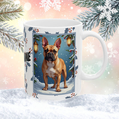 French Bulldog (Fawn) Winter Mug - fawn French Bulldog illustrated standing in a festive winter scene with pine branches