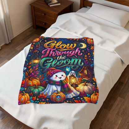 Glow Through the Gloom Velveteen Blanket - Ghost with Heart Lantern Jeweled Pumpkins and Cozy Cottage