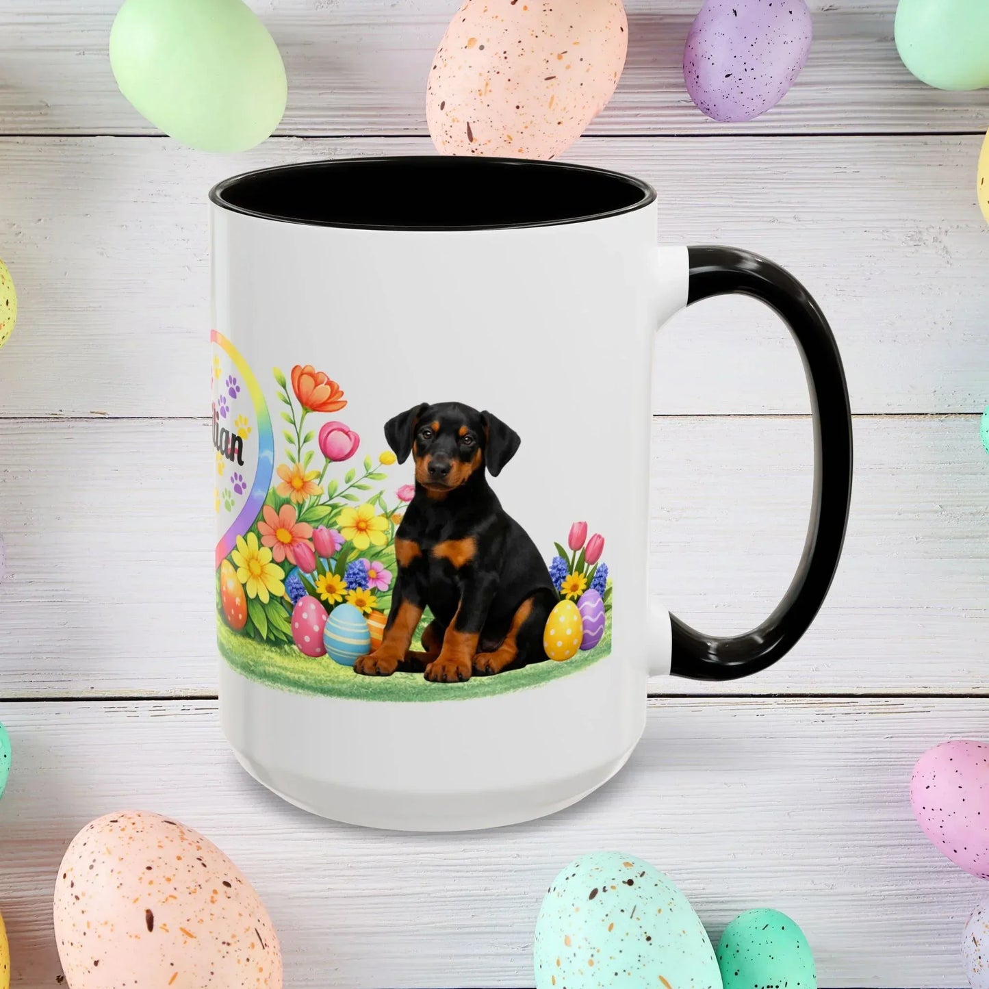 Shop our doberman black rust puppy easter mug featuring the 15oz style option from MySisterIsASurvivor.