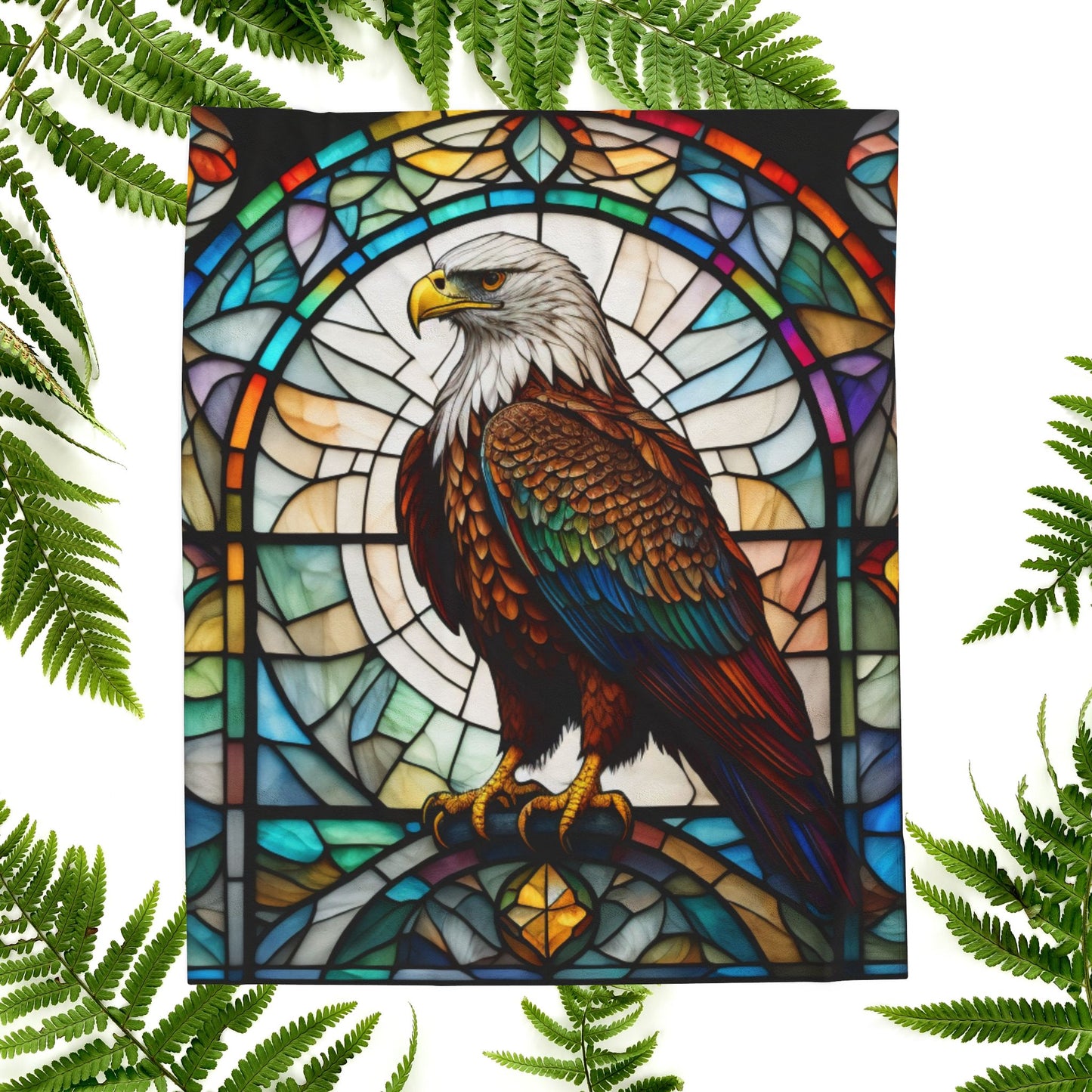 A majestic eagle blanket in stained glass style, offering cozy warmth and peaceful energy.