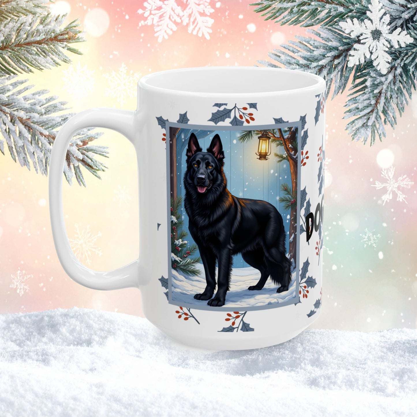 German Shepherd (Black) Winter Mug - black German Shepherd illustrated standing alert in a winter setting with snowy landscape