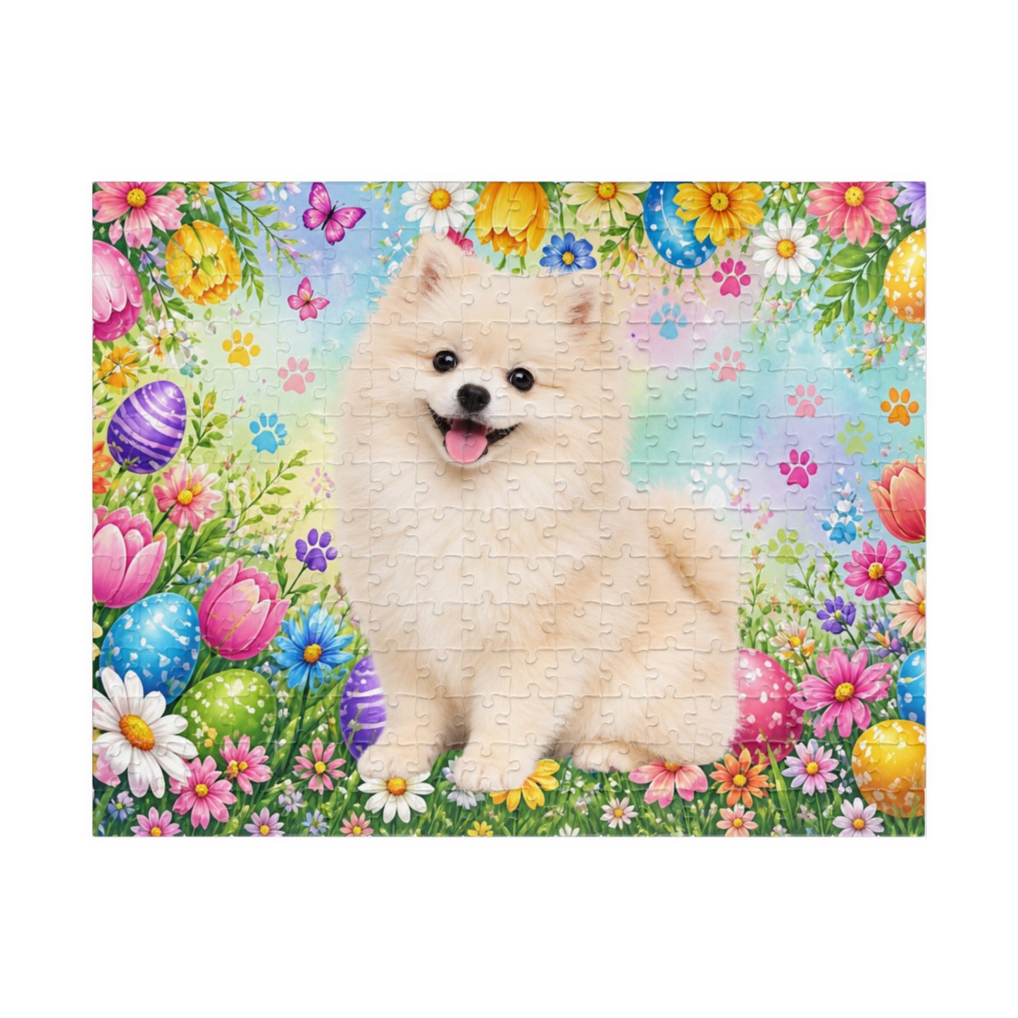 Pomeranian (Cream) Easter Puppy Puzzle - Spring Garden with Eggs, Tulips, and Daisies