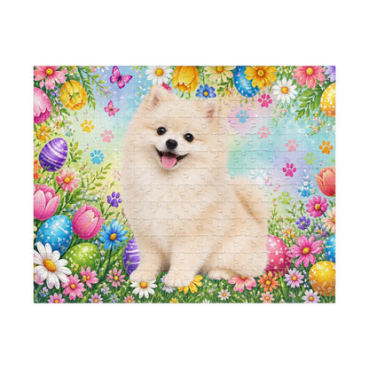 Pomeranian (Cream) Easter Puppy Puzzle - Spring Garden with Eggs, Tulips, and Daisies