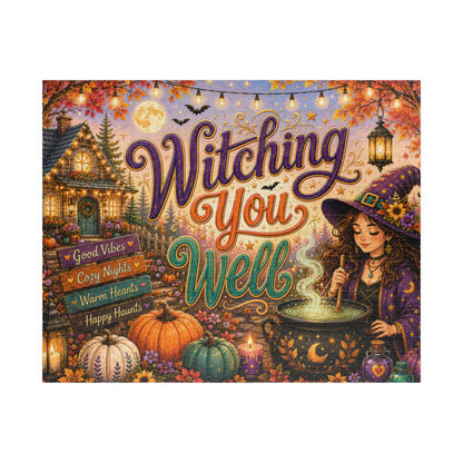 Witching You Well Halloween Puzzle - Witch Stirring Cauldron with Pumpkins, Full Moon, and Cottage