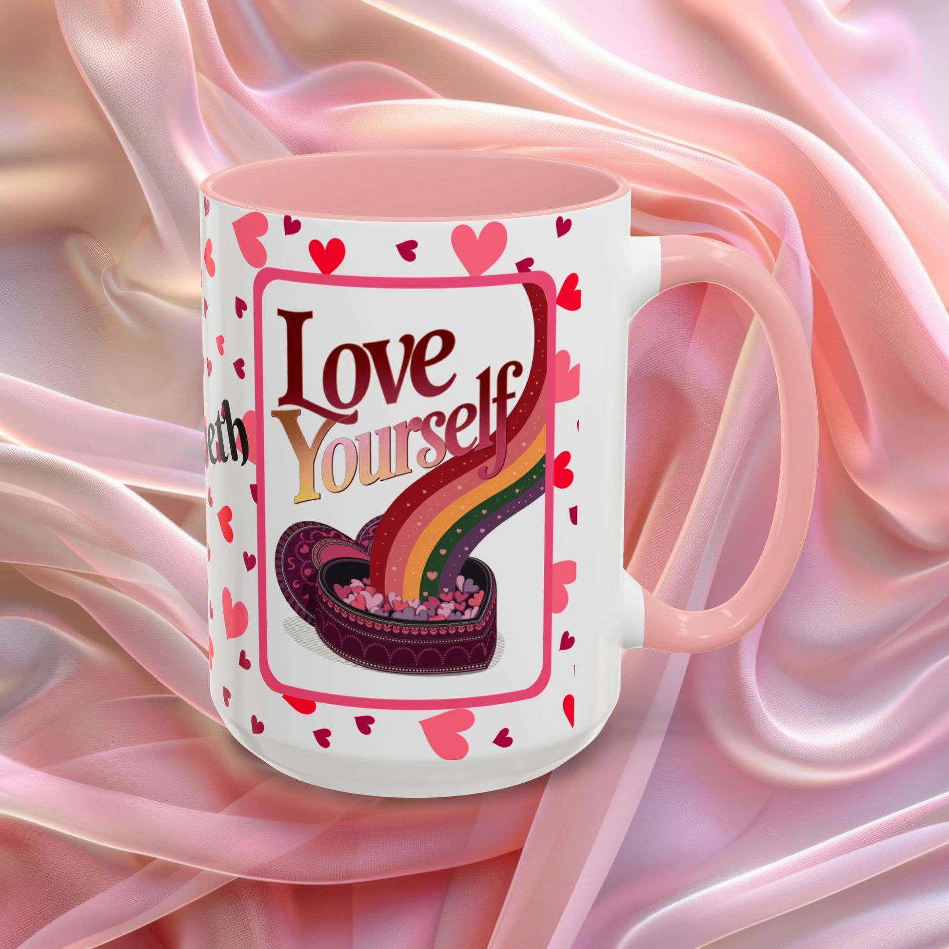 Love Yourself Valentines mug featuring self love message, Valentine themed ceramic coffee cup