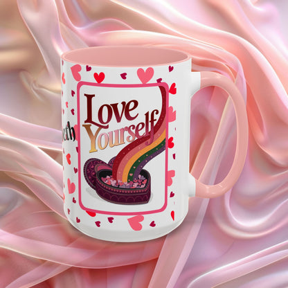 Love Yourself Valentines mug featuring self love message, Valentine themed ceramic coffee cup