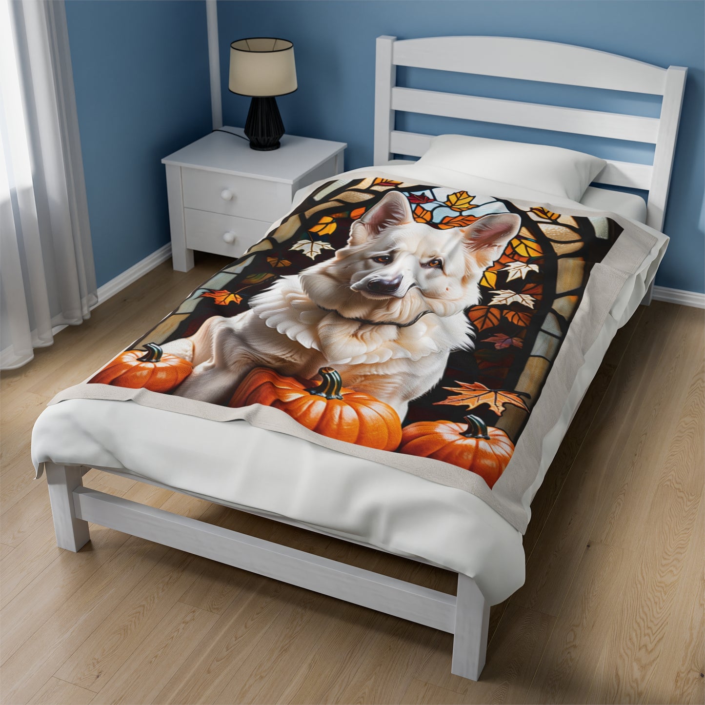 Colorful White German Shepherd plush blanket with stained glass pattern, velveteen throw for dog lovers