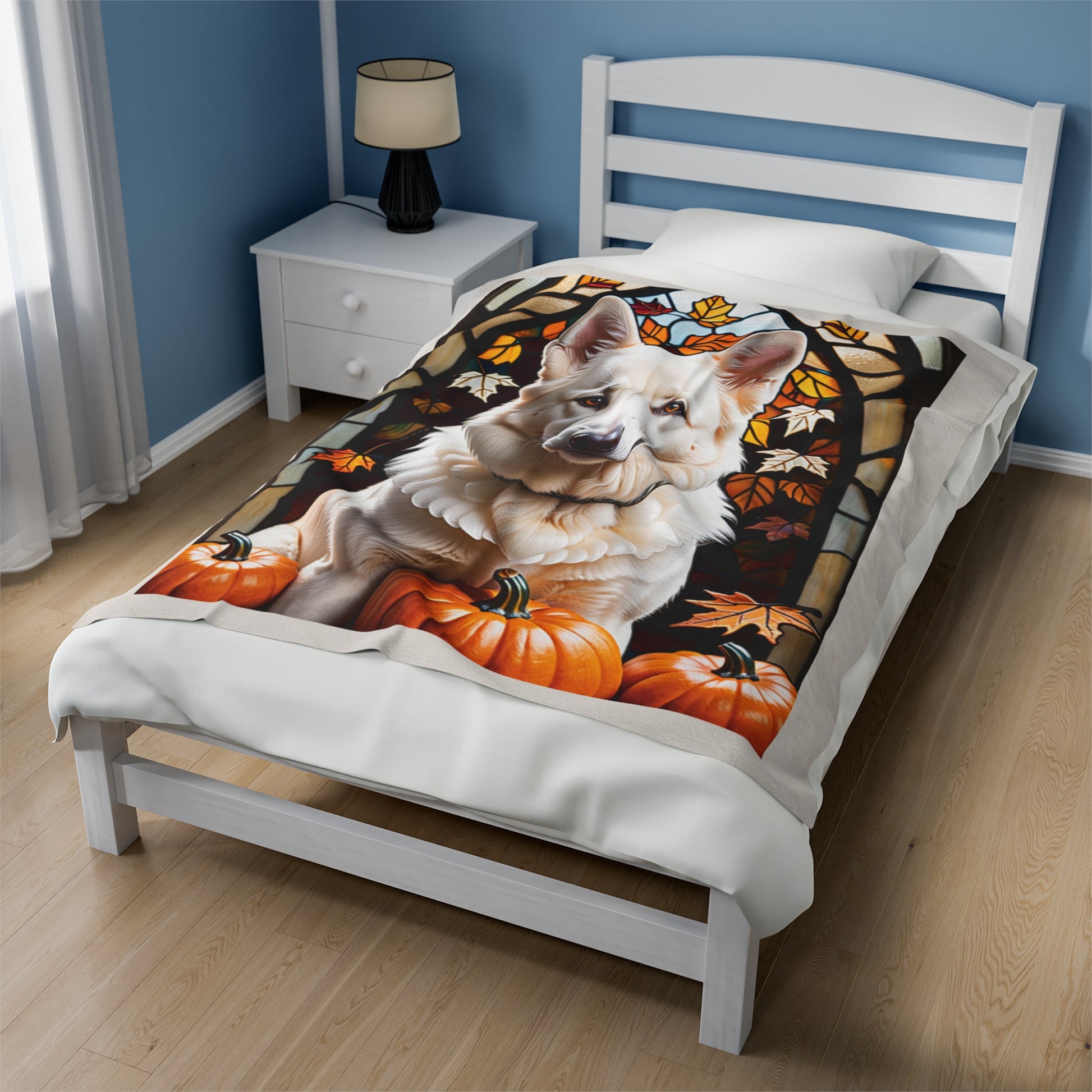 Colorful White German Shepherd plush blanket with stained glass pattern, velveteen throw for dog lovers