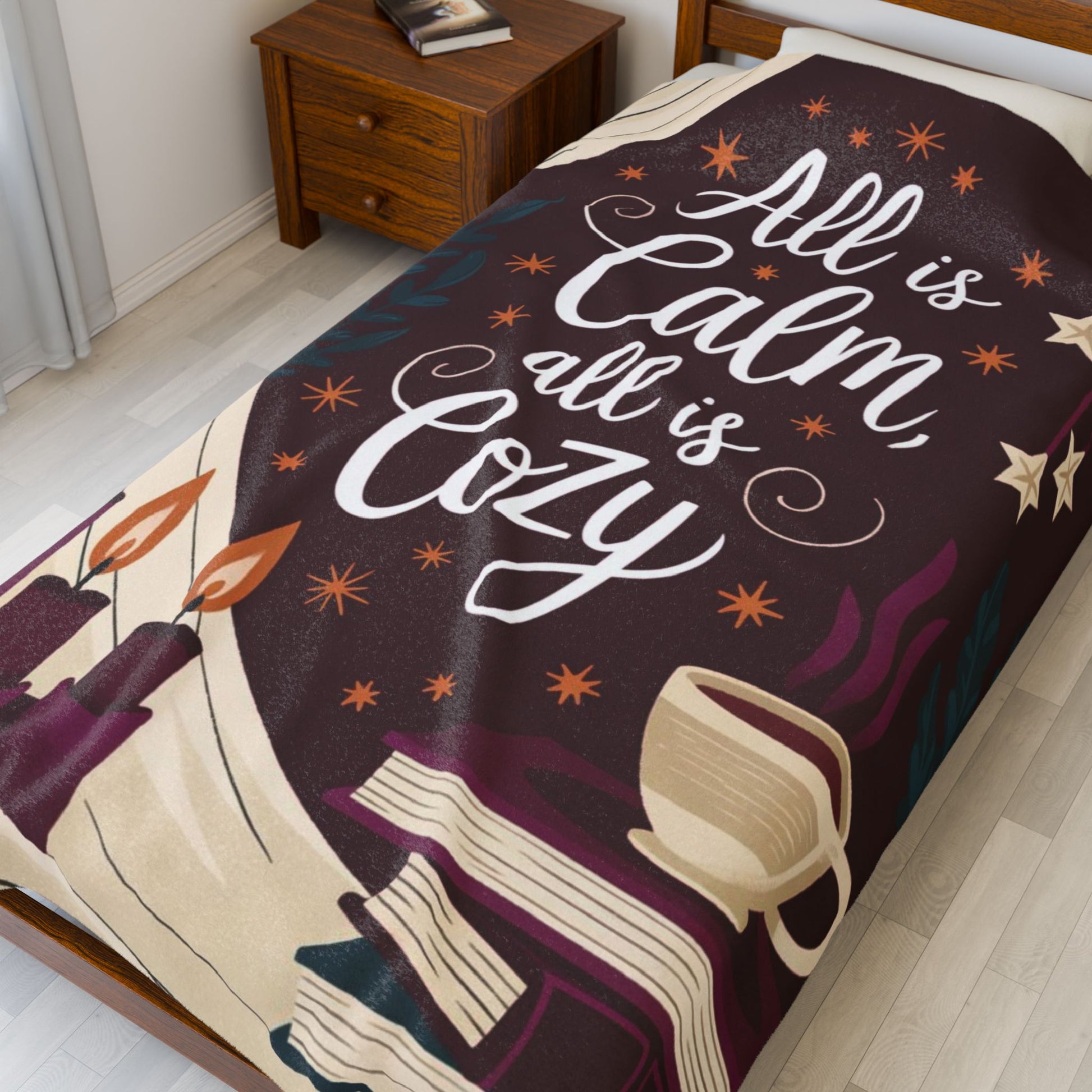 Cozy Christmas blanket “All Is Calm, All Is Cozy” with winter holiday design, soft festive throw for comfort