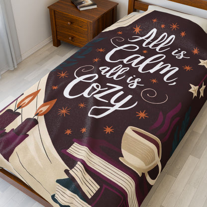 Cozy Christmas blanket “All Is Calm, All Is Cozy” with winter holiday design, soft festive throw for comfort