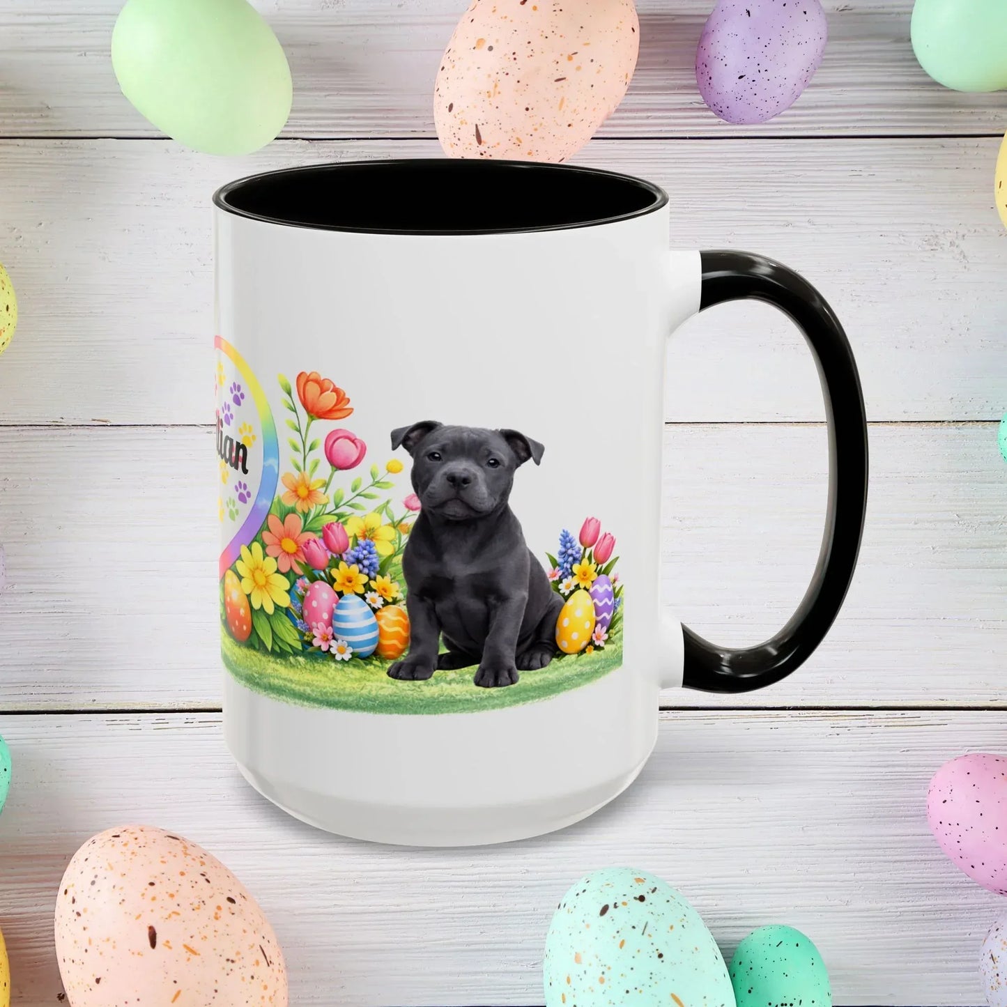 Shop our pitbull blue puppy easter mug featuring the 15oz style option from MySisterIsASurvivor.