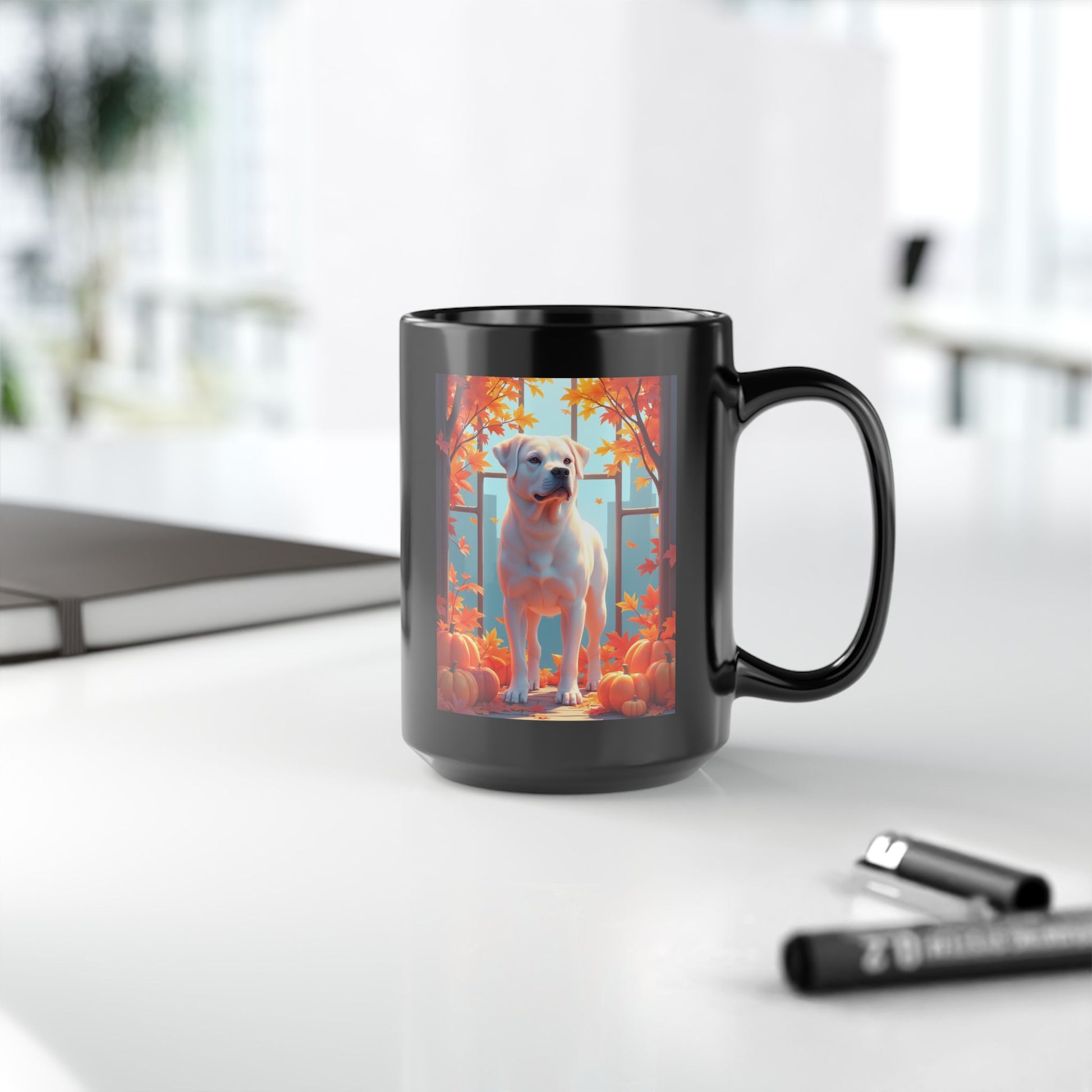 White Rottweiler personalized fall mug, coffee cup for dog lovers, cozy autumn drinkware, custom Rottweiler gift