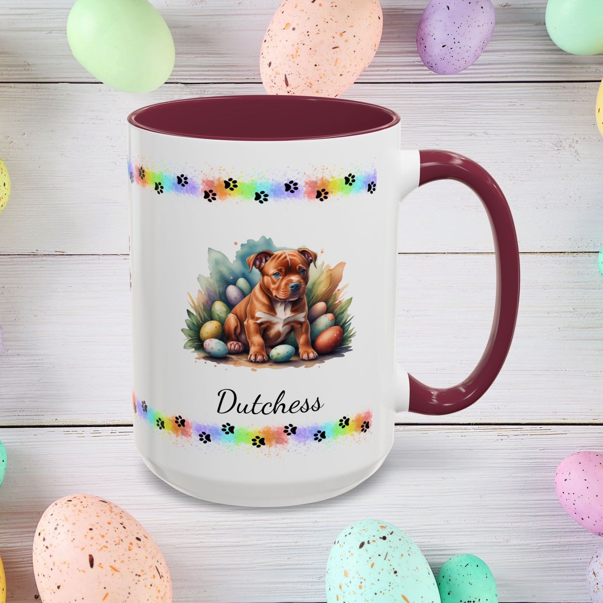 Pitbull (Red): Personalized Easter Puppy Coffee Mug - Adorable Dog Design, Mental Health Gift, 11oz & 15oz, 12 Color Choices, Easter Gifts & Décor