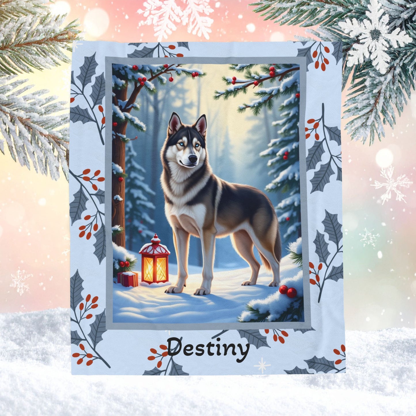 Husky Wolf Grey personalized winter throw featuring a wolf-grey Husky in a cozy illustrated lodge scene