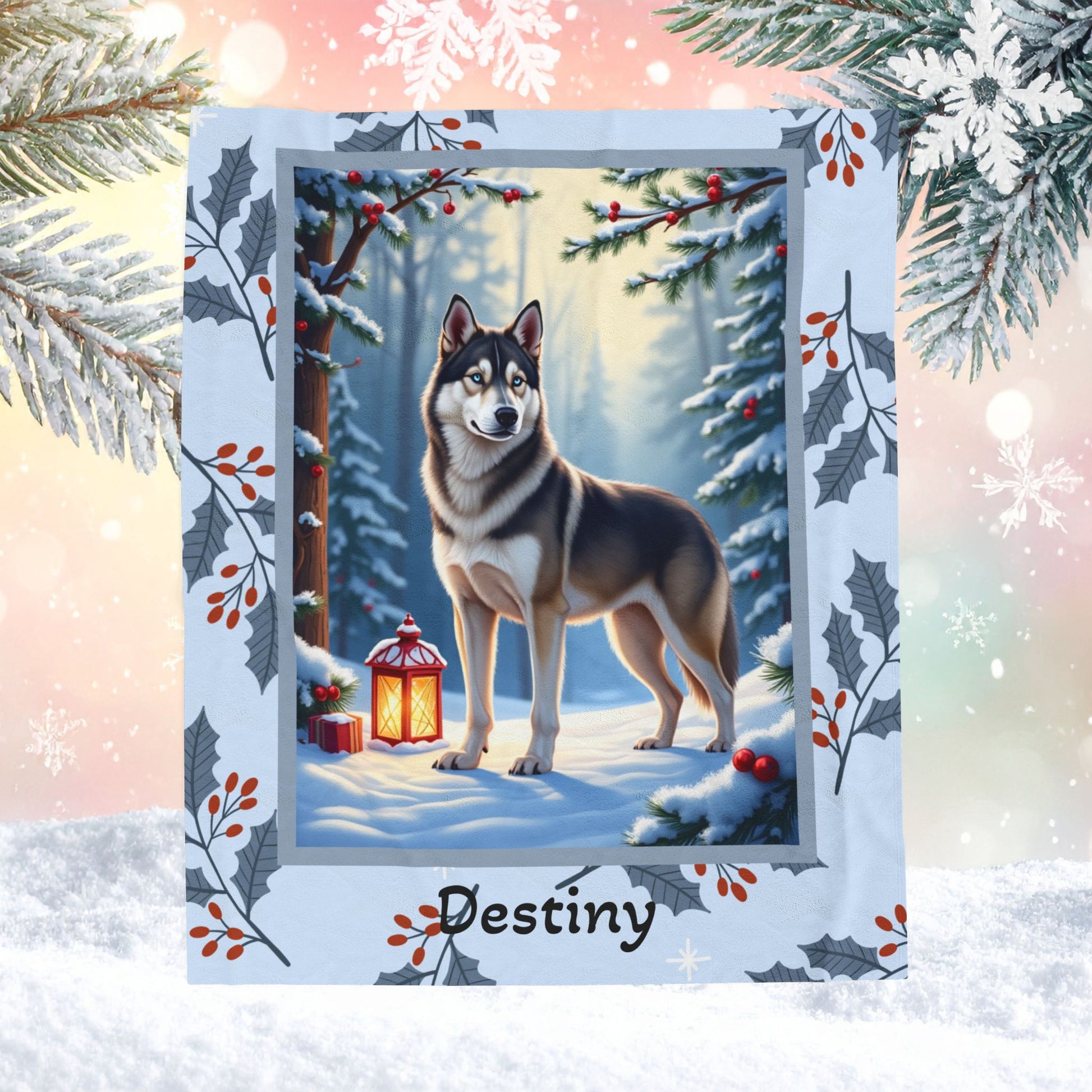 Husky Wolf Grey personalized winter throw featuring a wolf-grey Husky in a cozy illustrated lodge scene