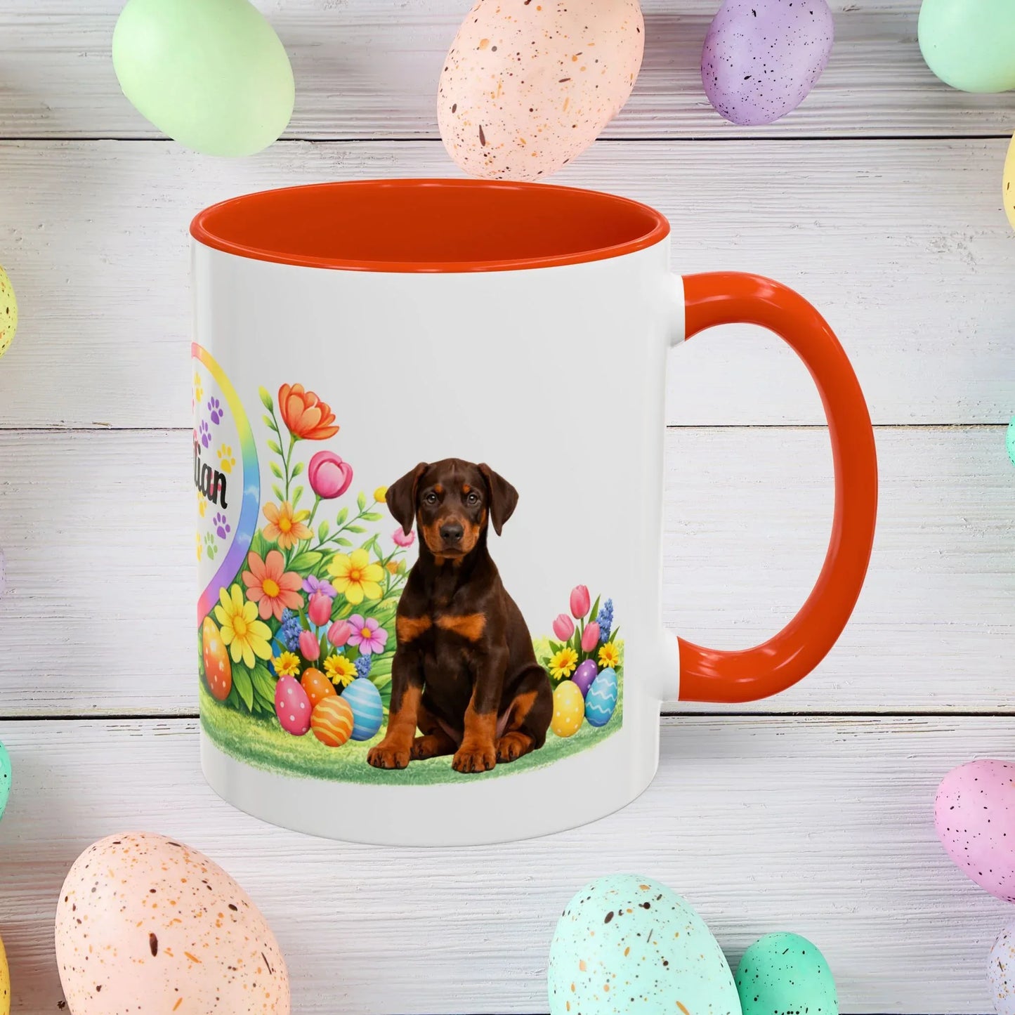 Shop our doberman red rust puppy easter mug featuring the 11oz style option from MySisterIsASurvivor.