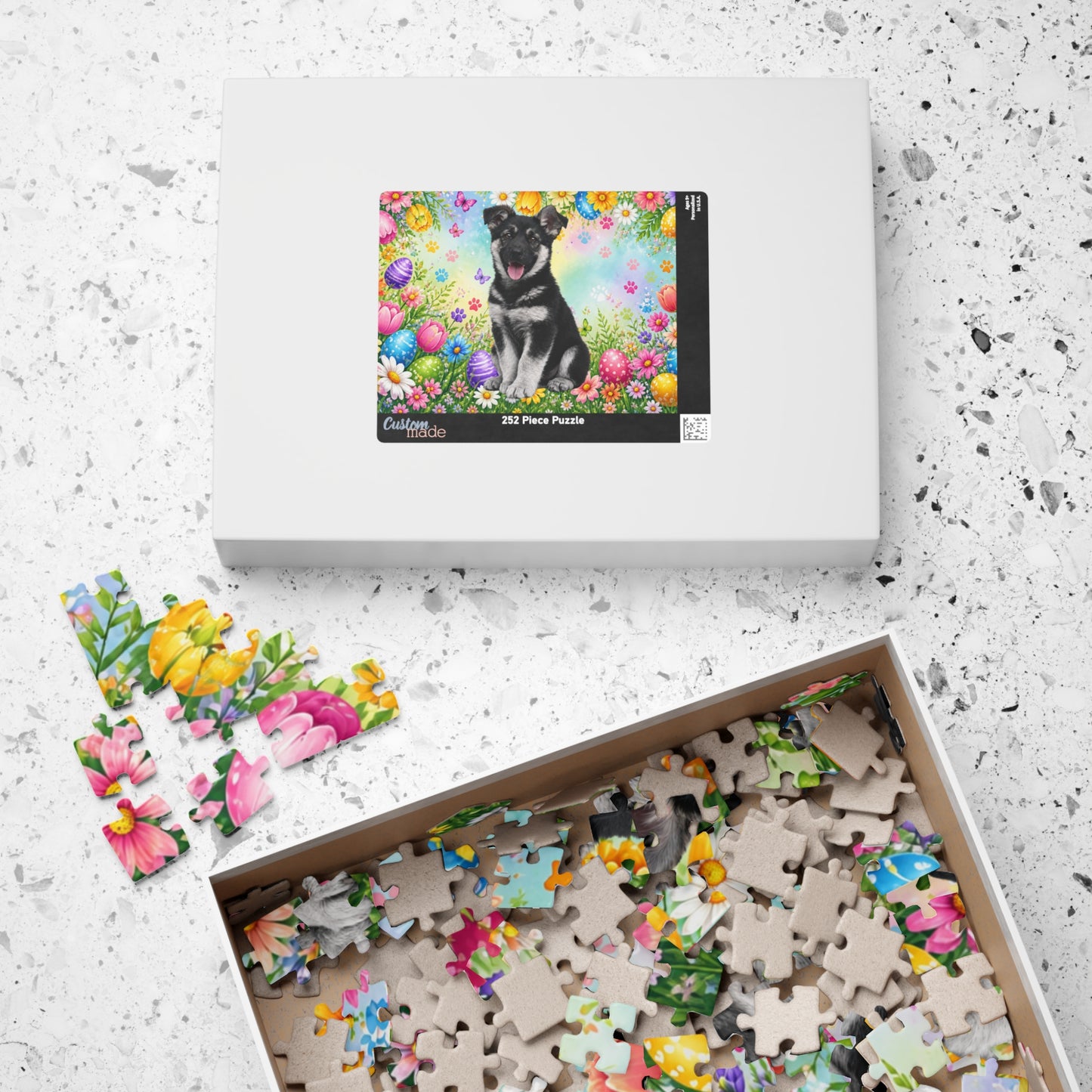 German Shepherd (Black & Silver) Easter Puppy Puzzle - Flowers, Eggs, and Spring Fun