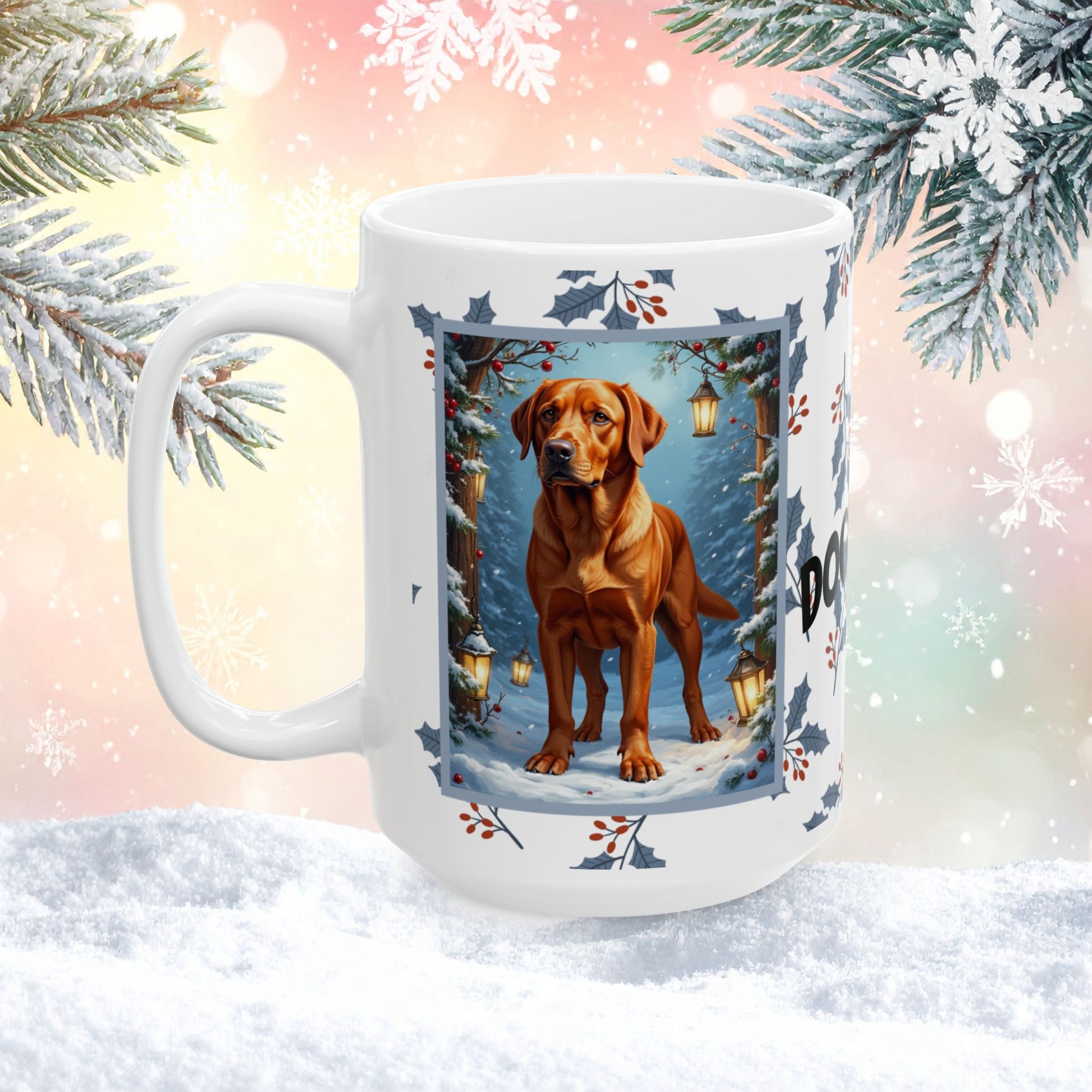 Labrador Retriever (Fox Red) Winter Mug - fox red labrador retriever artwork standing in a winter scene with pine trees