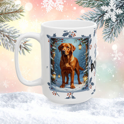 Labrador Retriever (Fox Red) Winter Mug - fox red labrador retriever artwork standing in a winter scene with pine trees
