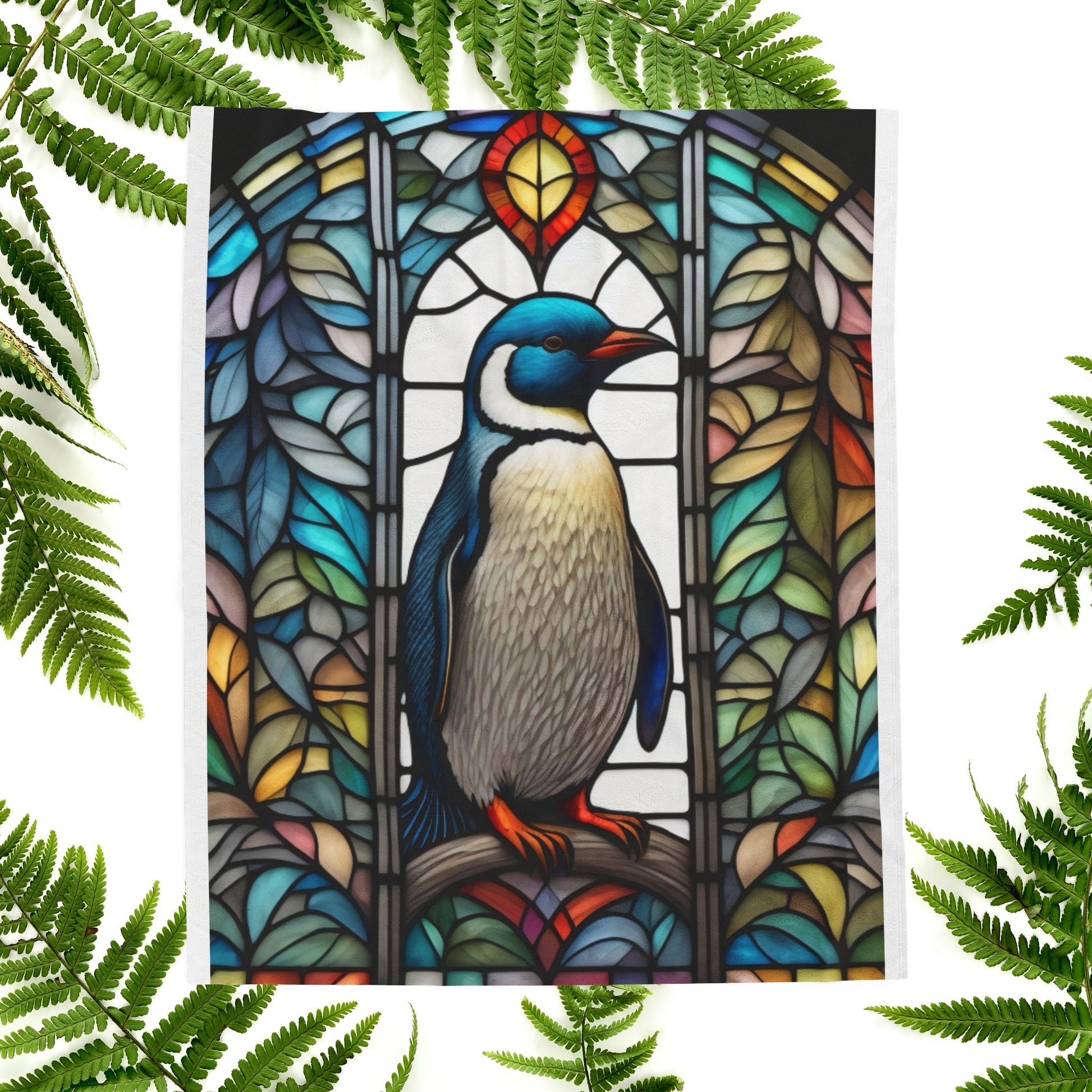 A cozy penguin blanket with stained glass-inspired art, perfect for winter warmth and comfort.