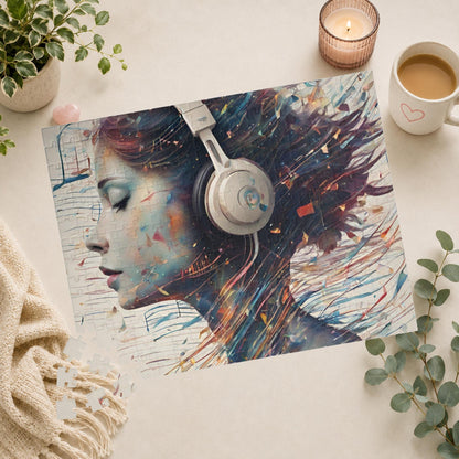 Music and Emotional Resonance - Woman with Headphones Puzzle with Colorful Music Notes and Paint Fragments