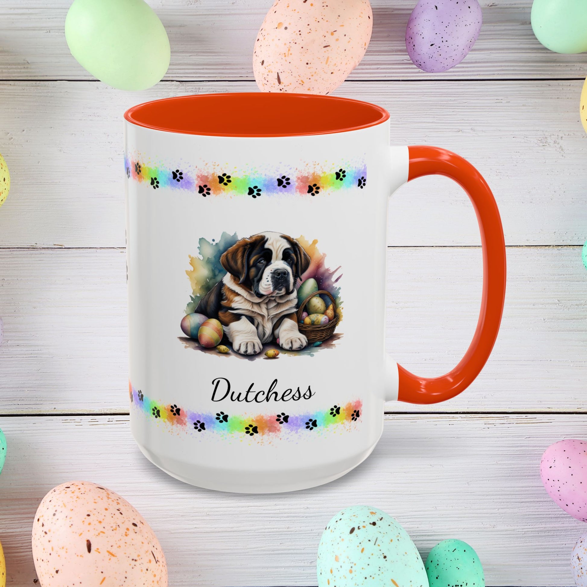Saint Bernard: Personalized Easter Puppy Coffee Mug - Adorable Dog Design, Mental Health Gift, 11oz & 15oz, 12 Color Choices, Easter Gifts & Décor