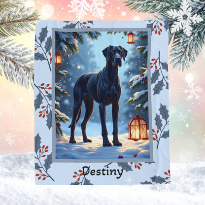 Great Dane Blue personalized winter throw with elegant Great Dane artwork in a bright winter lodge scene