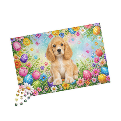 American Cocker Spaniel (Lemon & White) Easter Puppy Puzzle - Spring Garden with Eggs, Tulips, and Daisies