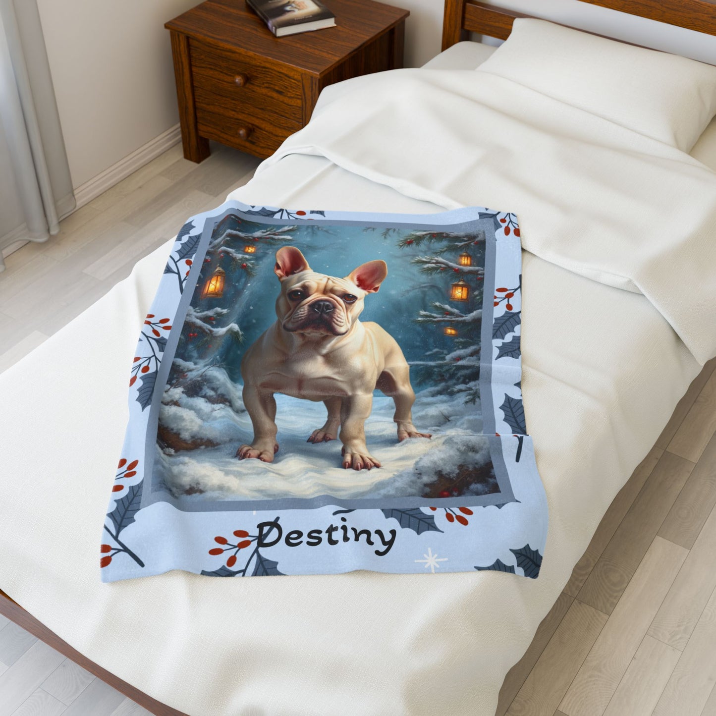 French Bulldog Cream personalized winter throw with soft Frenchie artwork and glowing snow-covered lodge details