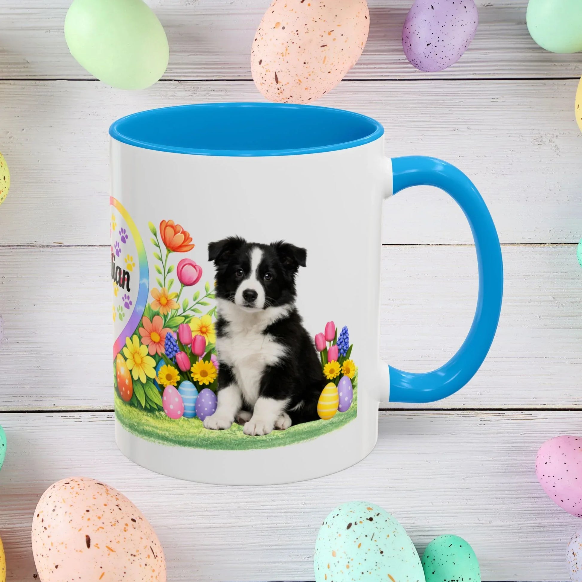 Shop our border collie black white puppy easter mug featuring the 11oz style option from MySisterIsASurvivor.