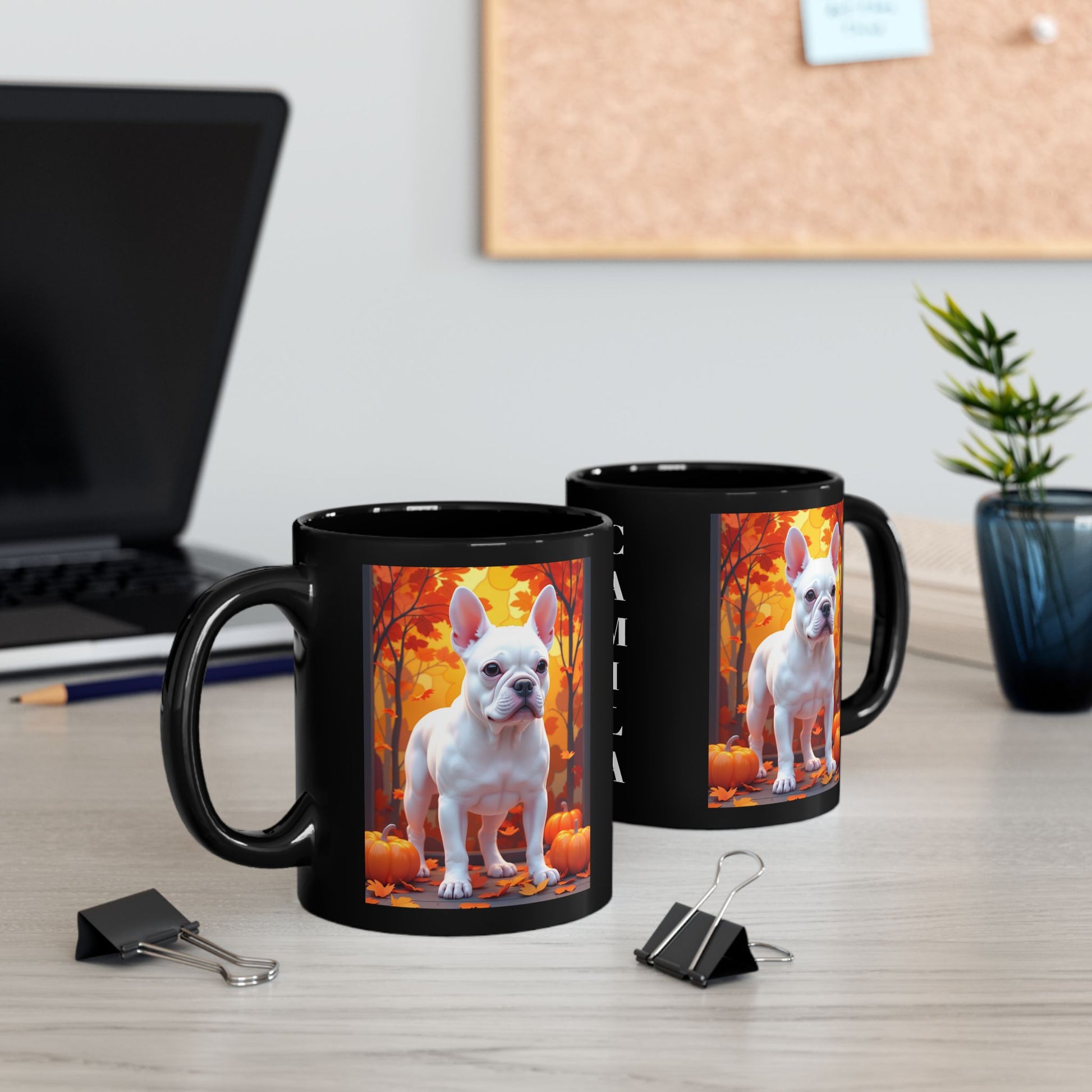 White French Bulldog Autumn Black Mug - Cozy fall dog breed coffee cup gift