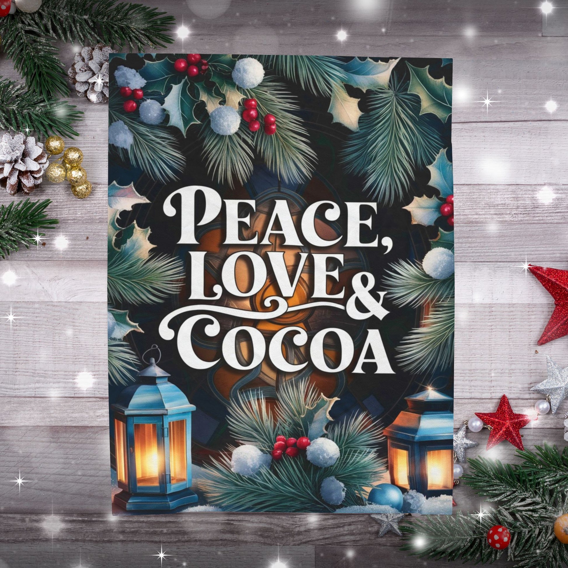 Cozy Christmas blanket “Peace, Love & Cocoa” holiday throw for warmth, relaxation, and joy