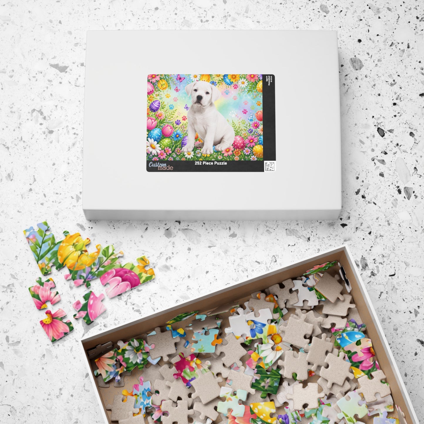 Rottweiler (White) Easter Puppy Puzzle - Spring Garden with Eggs, Tulips, and Butterflies