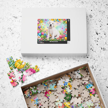 Rottweiler (White) Easter Puppy Puzzle - Spring Garden with Eggs, Tulips, and Butterflies